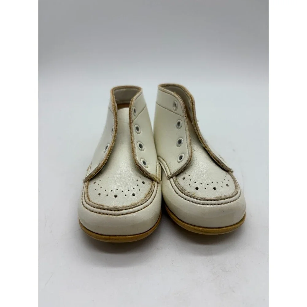 Vintage White 0-3 Booties High Top Crib Shoes Soft Sole Perforated Toe